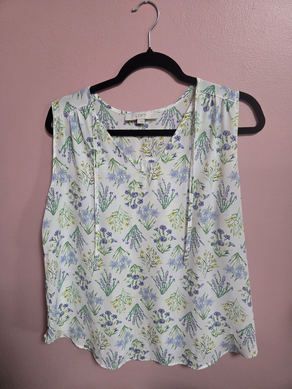 LOFT White Floral Sleeveless Top with Green & Lavender Print